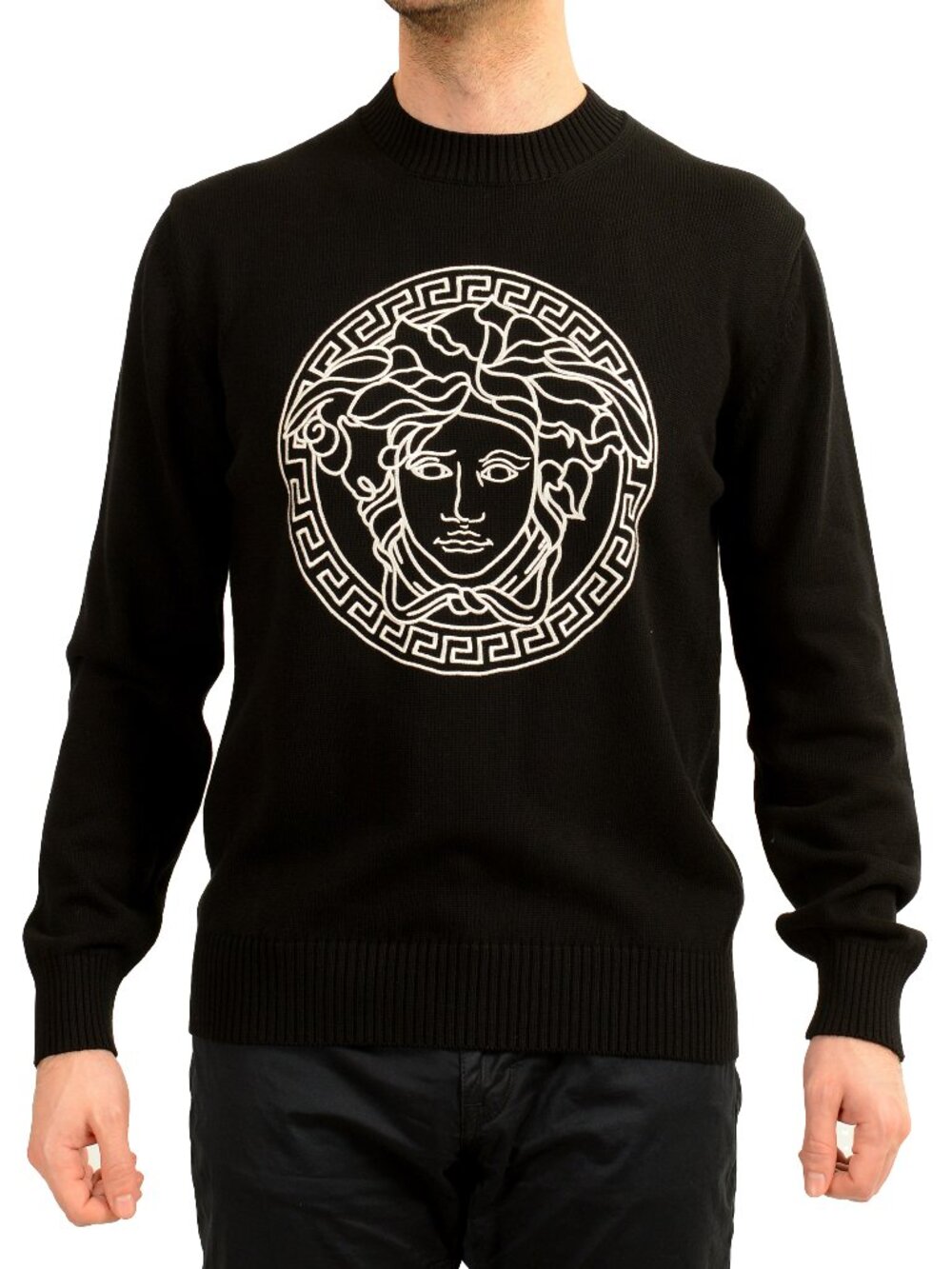 Versace Men's Medusa Embroidery Black Crewneck Pullover Sweater US L IT 52
